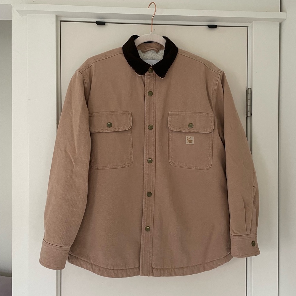 Dusty Rose Pink Work Jacket with Brown Corduroy Collar and Cuffs